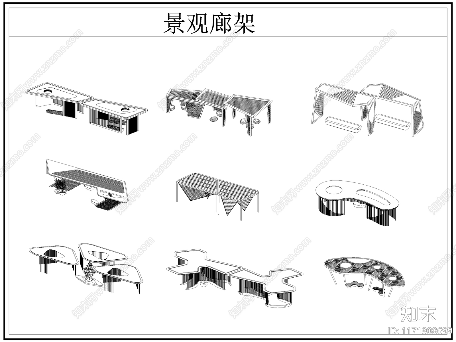 现代廊架cad施工图下载【ID:1171908699】