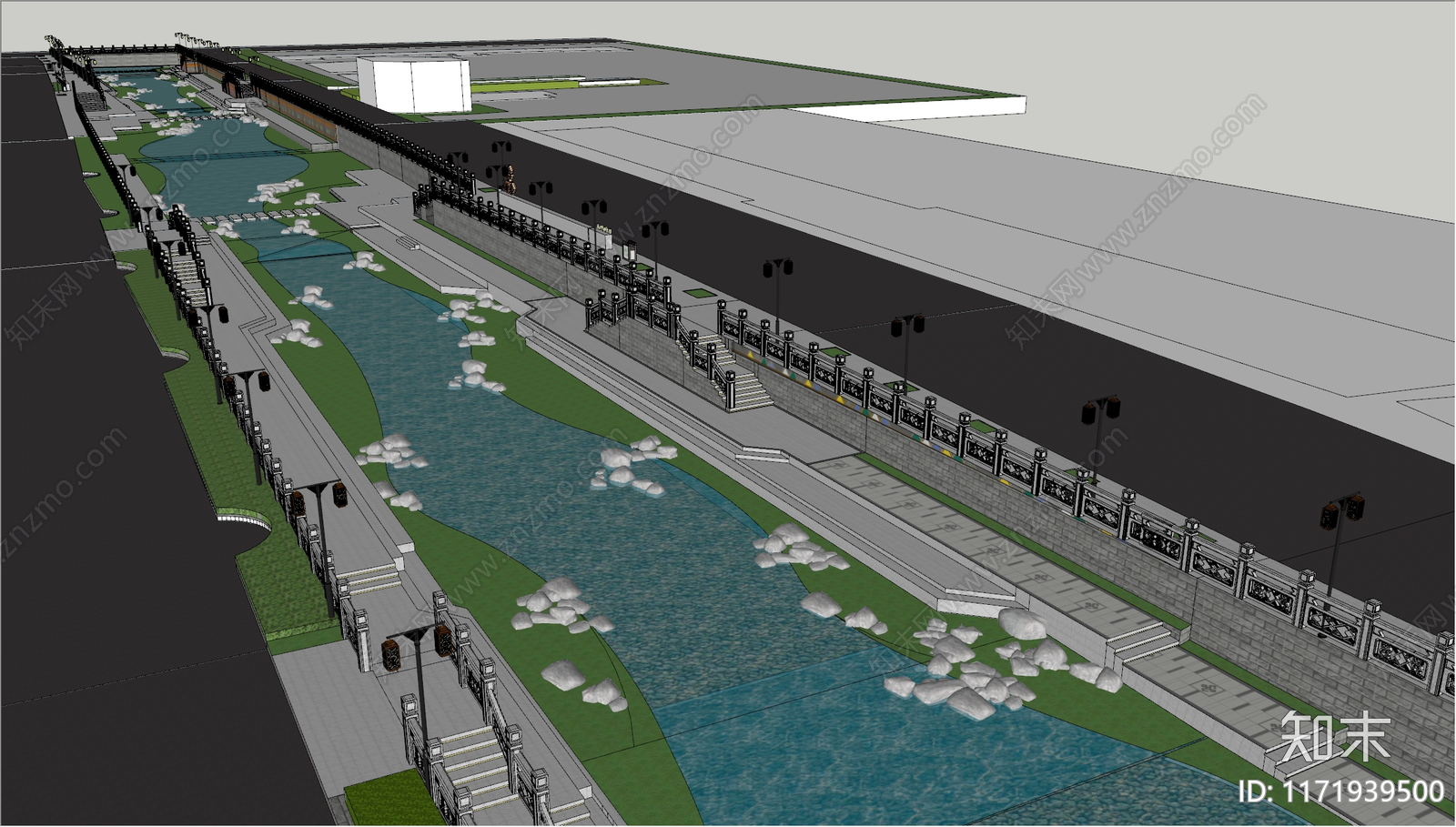 新中式滨水景观SU模型下载【ID:1171939500】