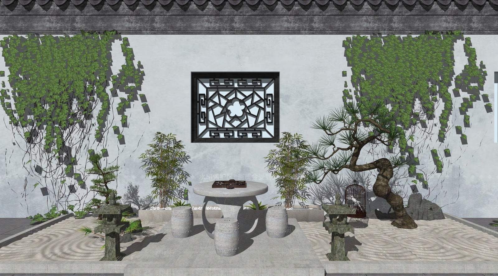 现代新中式庭院小品SU模型下载【ID:1171965110】