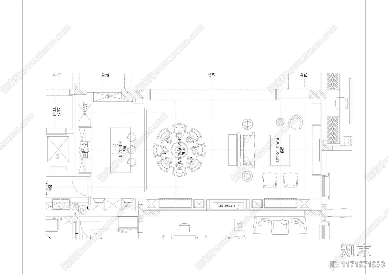 新中式客厅施工图下载【ID:1171971933】