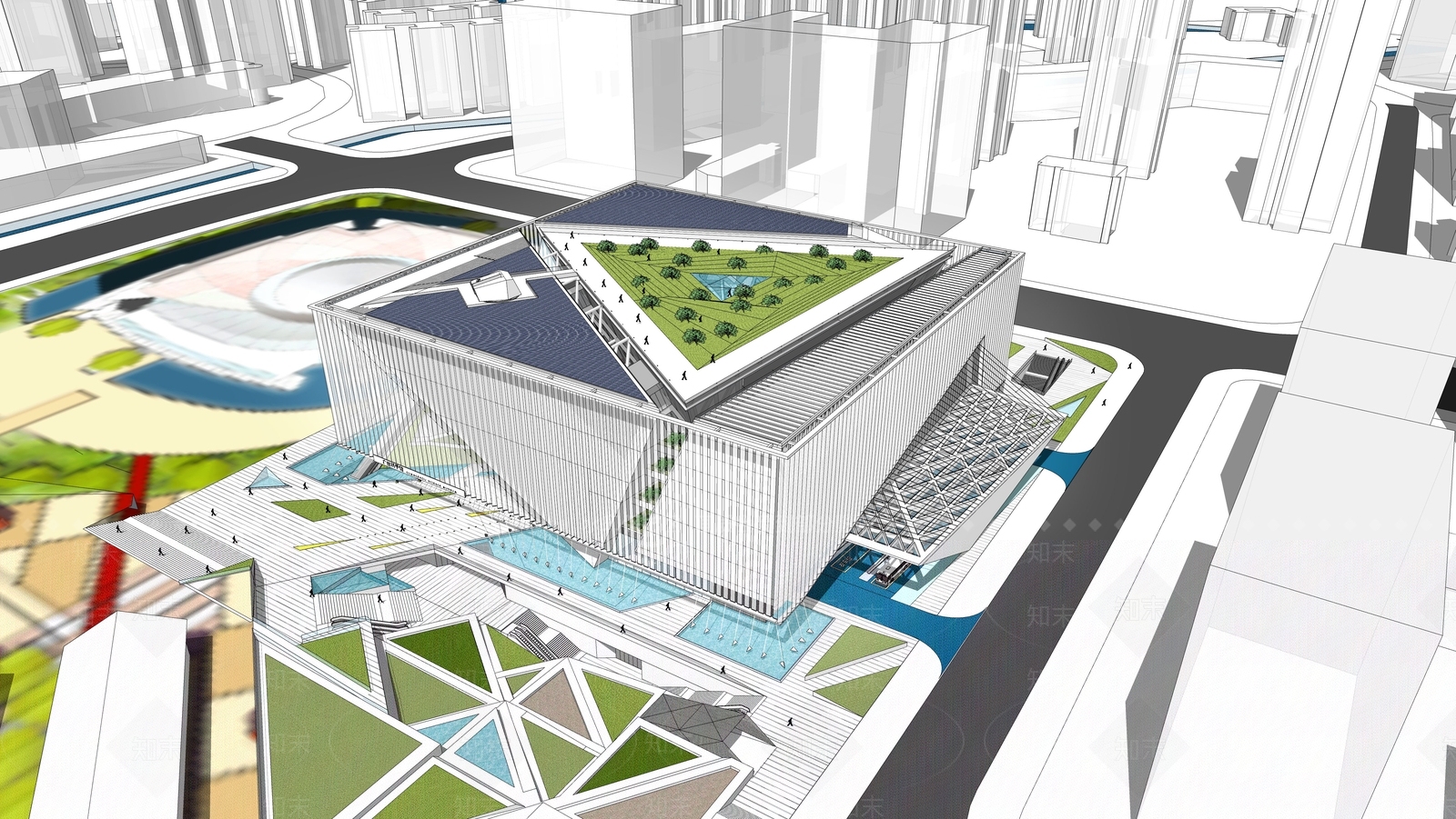 现代展览馆建筑SU模型下载【ID:1171976682】