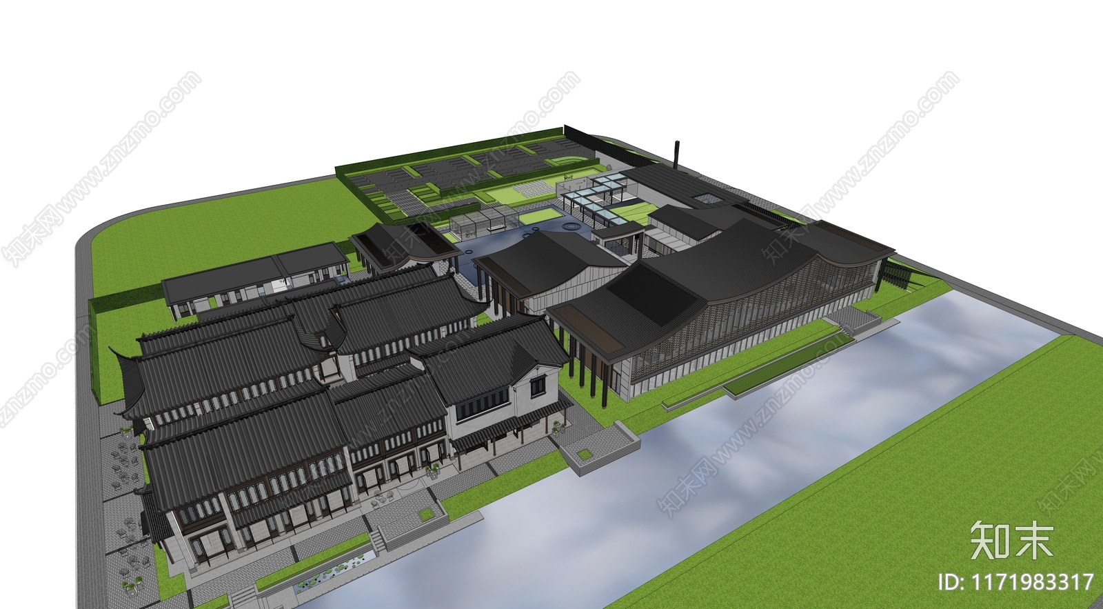新中式民宿建筑SU模型下载【ID:1171983317】