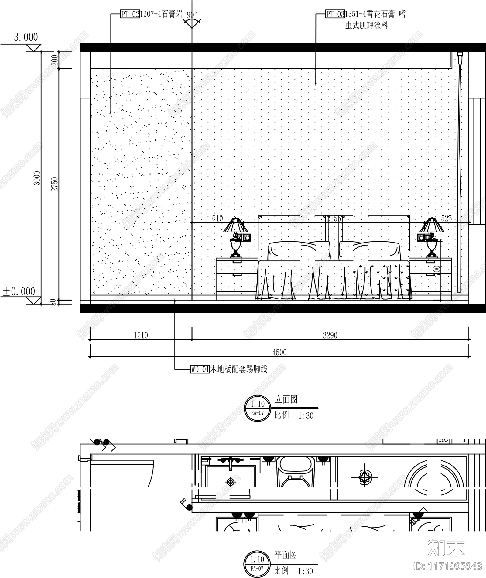 简约卧室cad施工图下载【ID:1171995943】