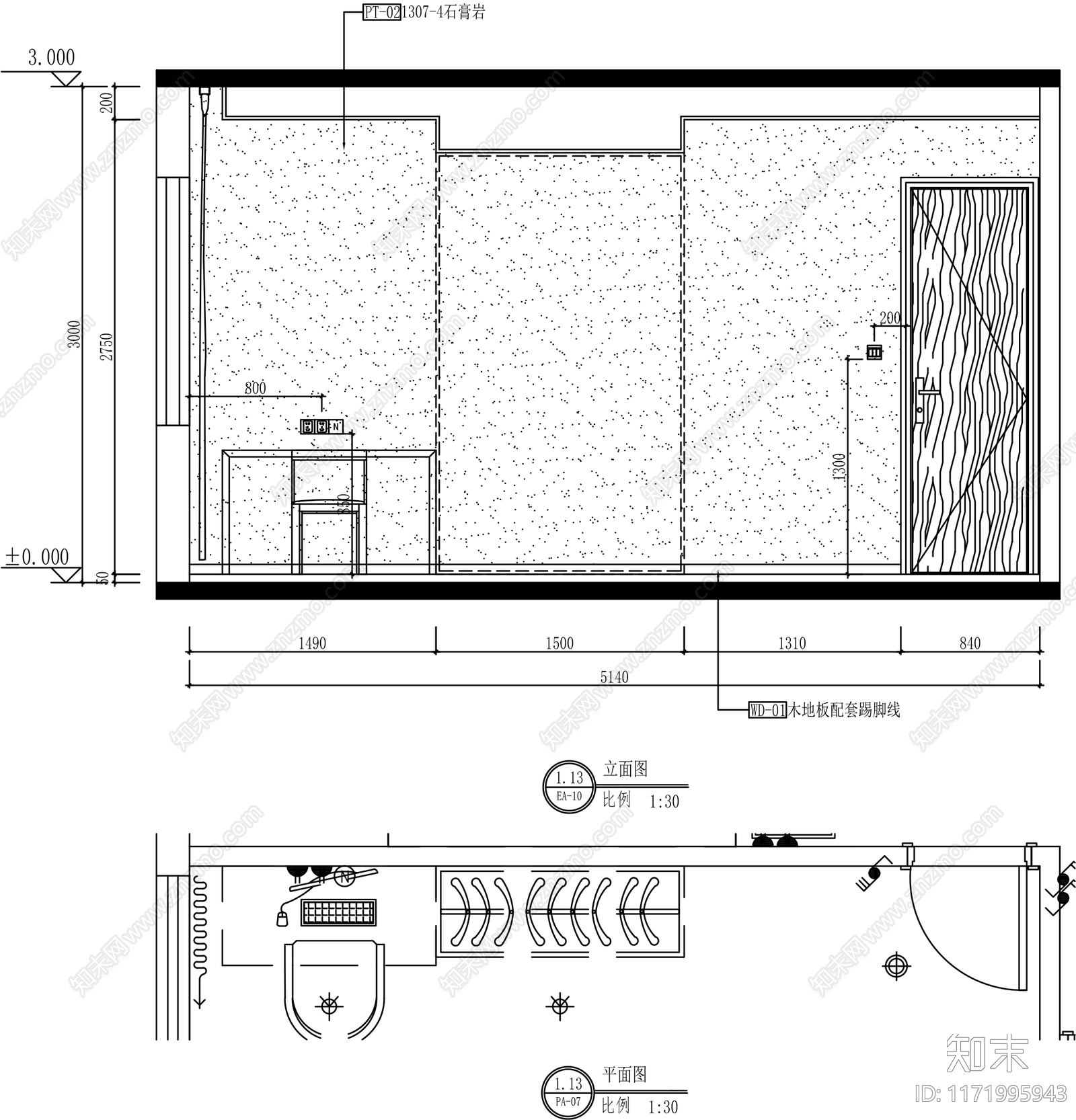 简约卧室cad施工图下载【ID:1171995943】