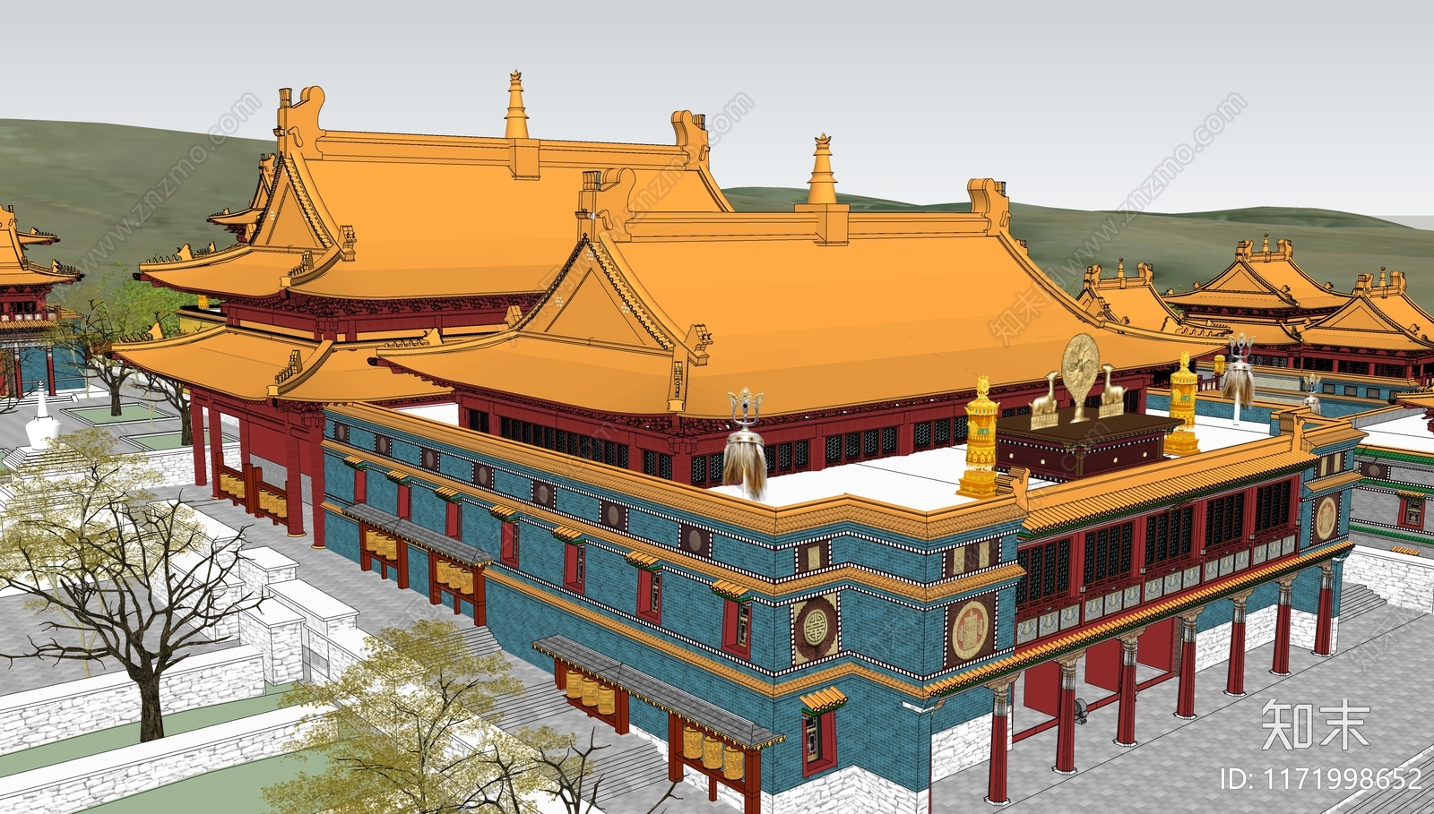 新中式禅意寺庙建筑SU模型下载【ID:1171998652】