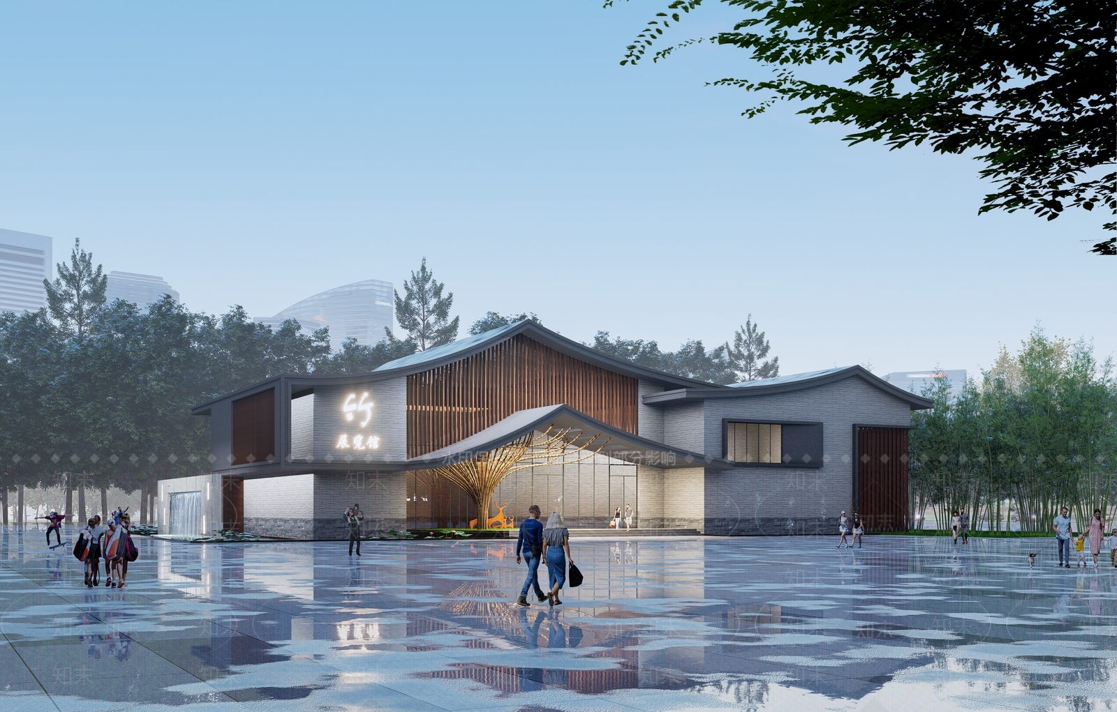 现代新中式展览馆建筑SU模型下载【ID:1172070456】