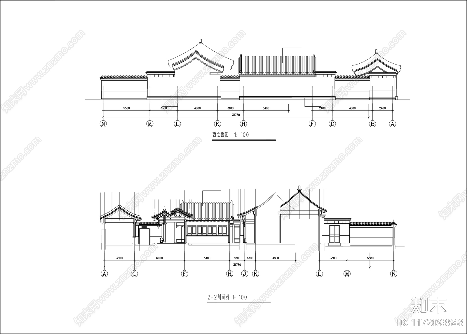 中式民宿建筑cad施工图下载【ID:1172093848】