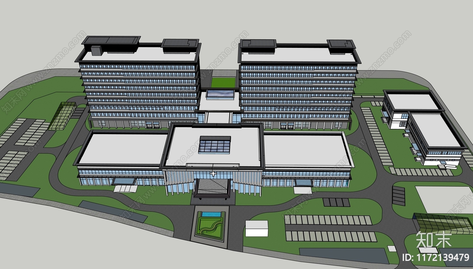 新中式医院建筑SU模型下载【ID:1172139479】