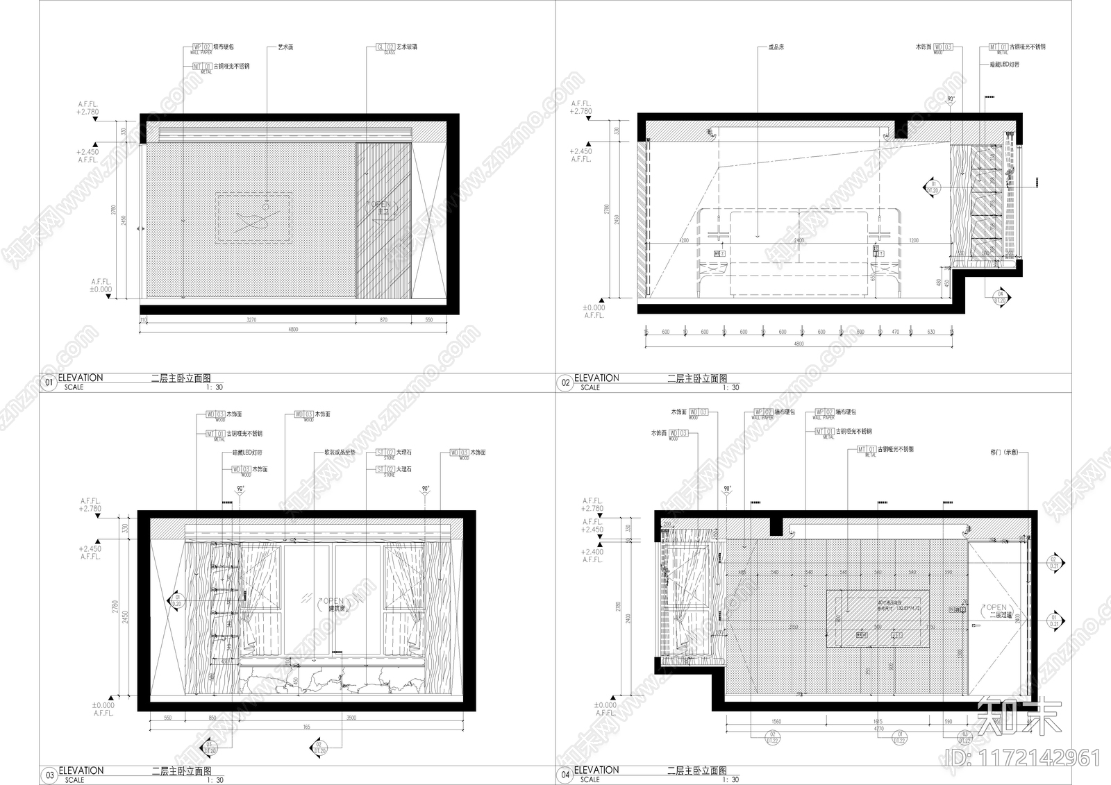 现代卧室cad施工图下载【ID:1172142961】