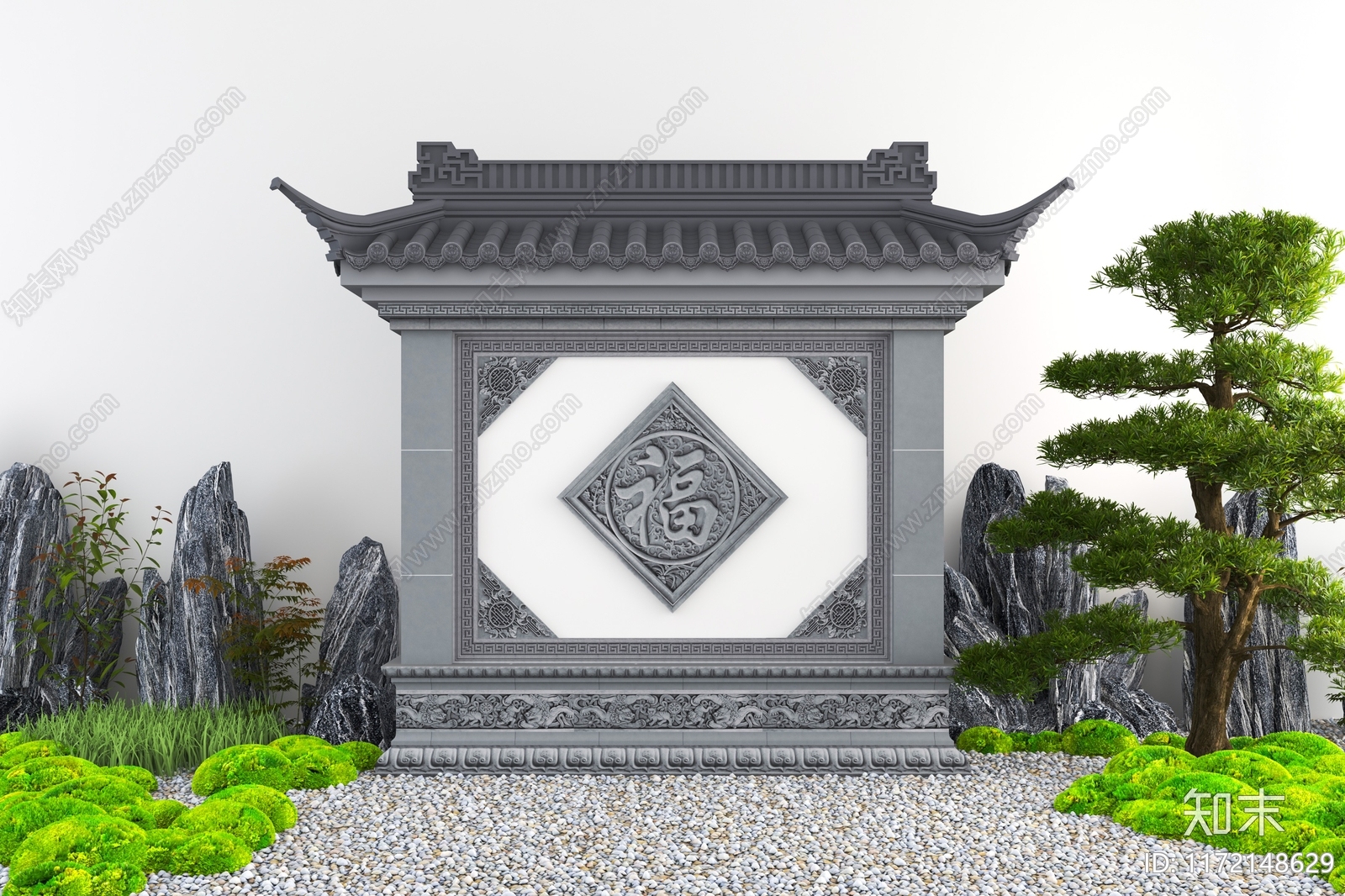 新中式中式景墙3D模型下载【ID:1172148629】