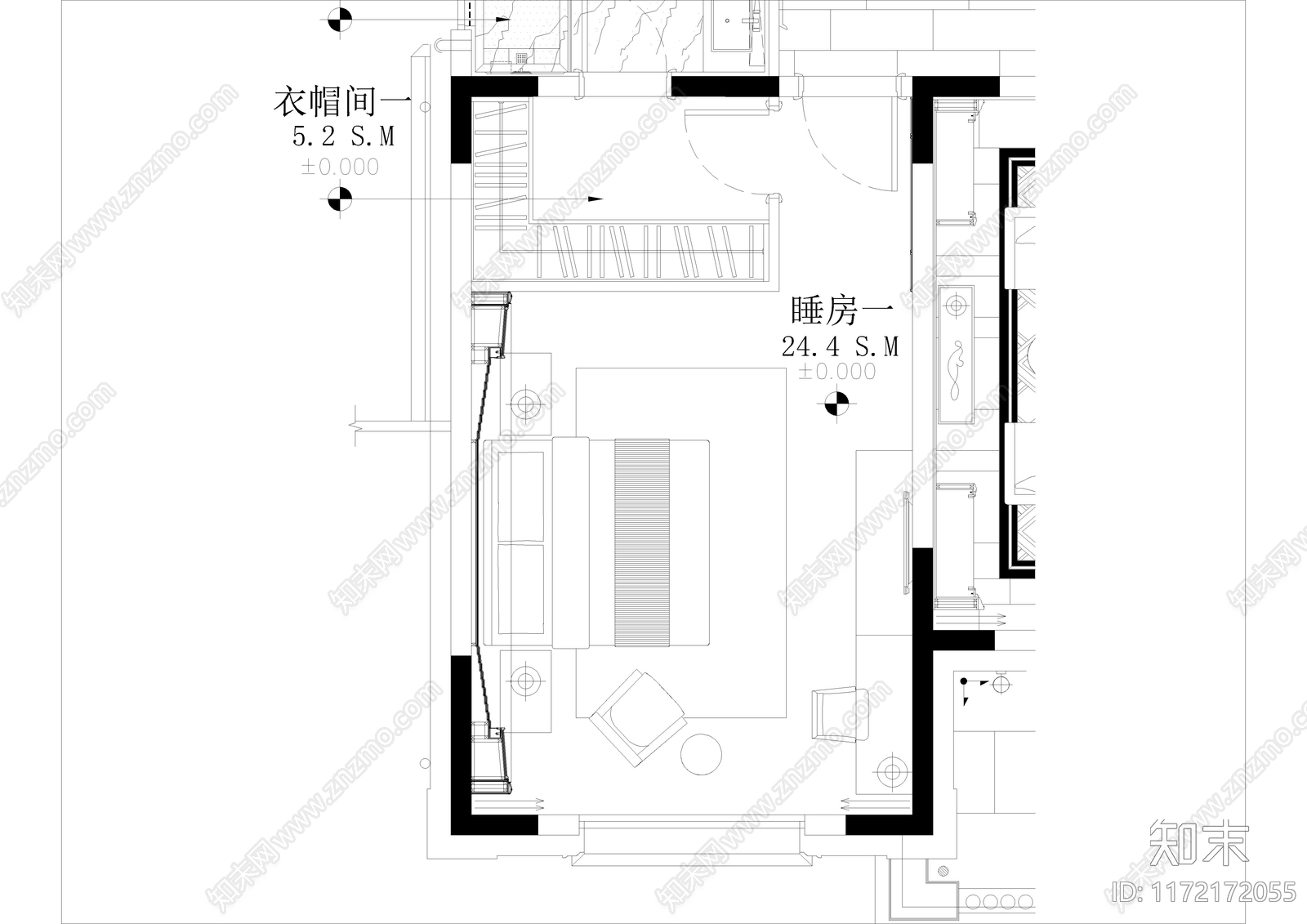 新中式卧室cad施工图下载【ID:1172172055】