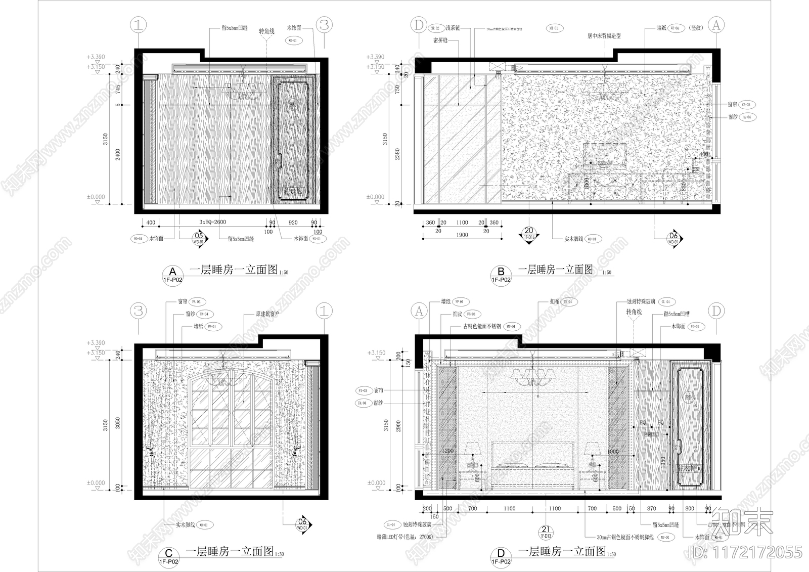 新中式卧室cad施工图下载【ID:1172172055】