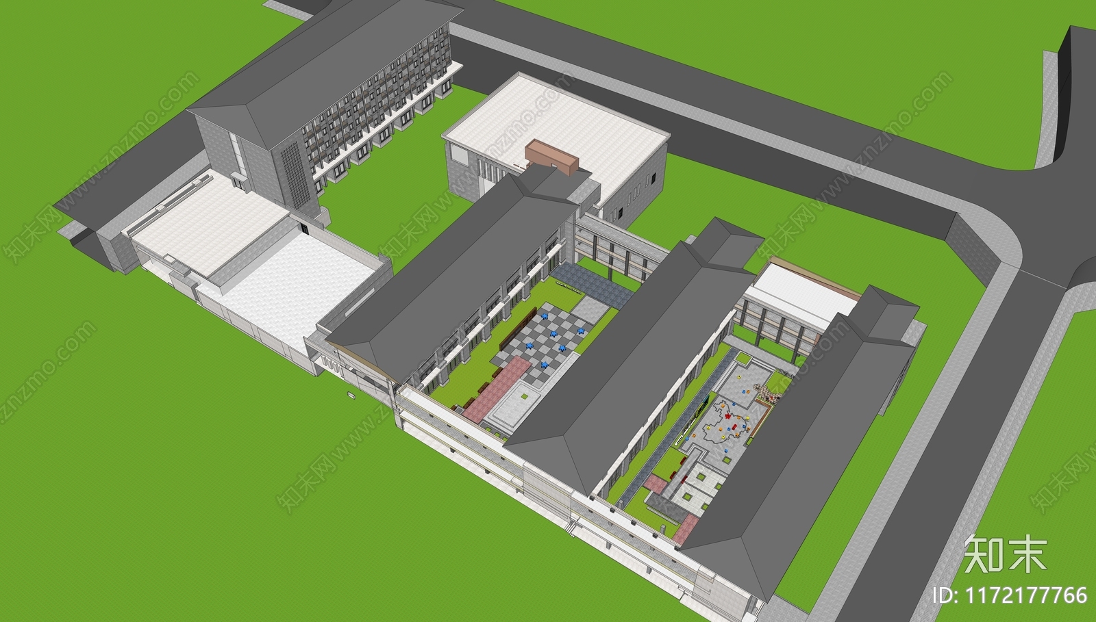 中式校园景观SU模型下载【ID:1172177766】