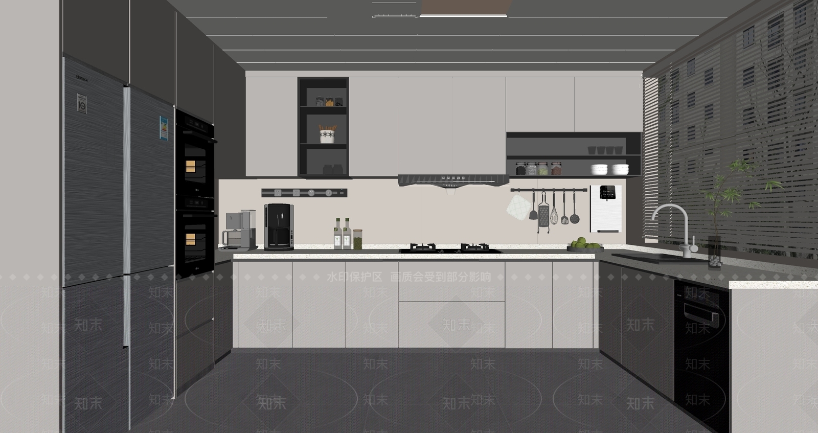 现代奶油封闭式厨房SU模型下载【ID:1172215546】