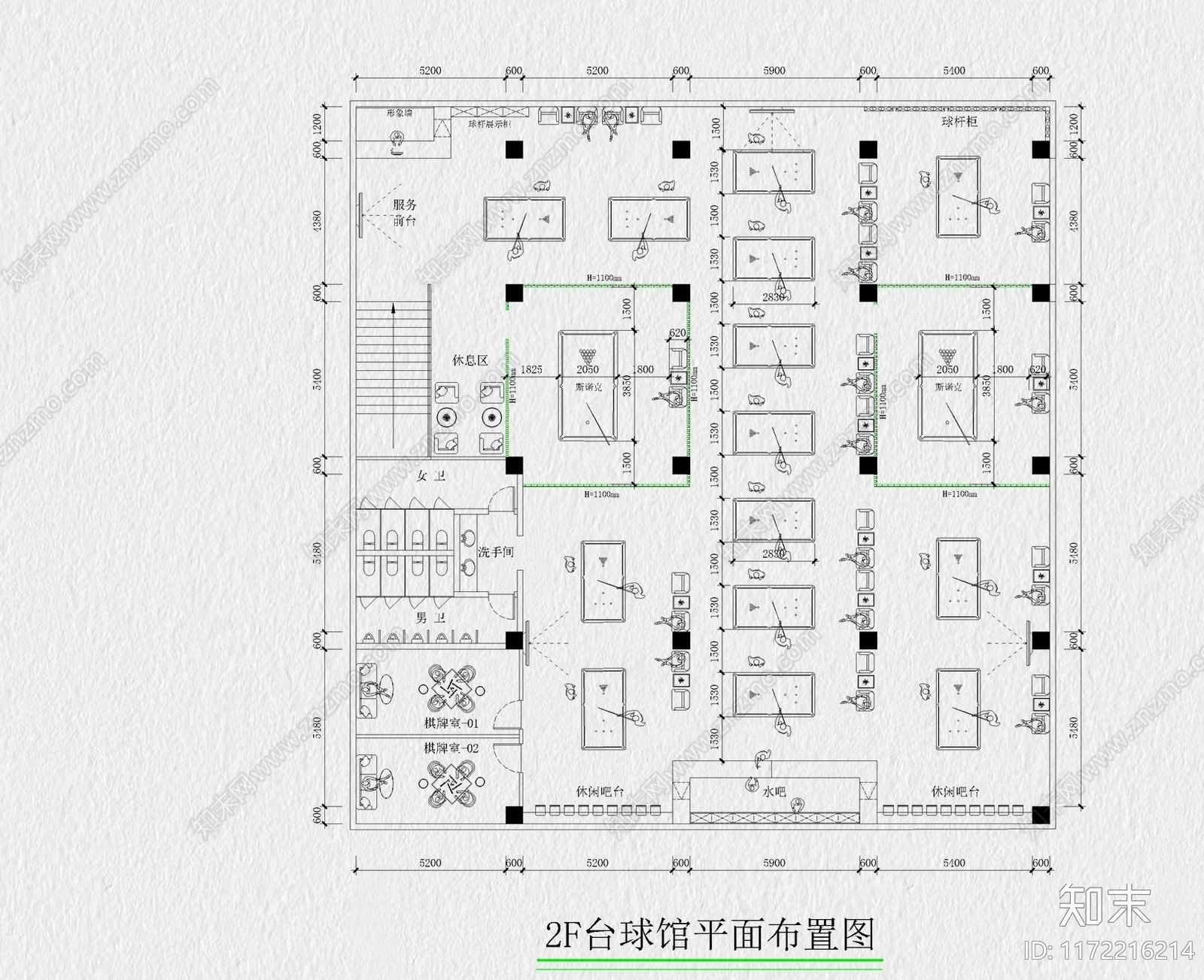 现代台球厅施工图下载【ID:1172216214】