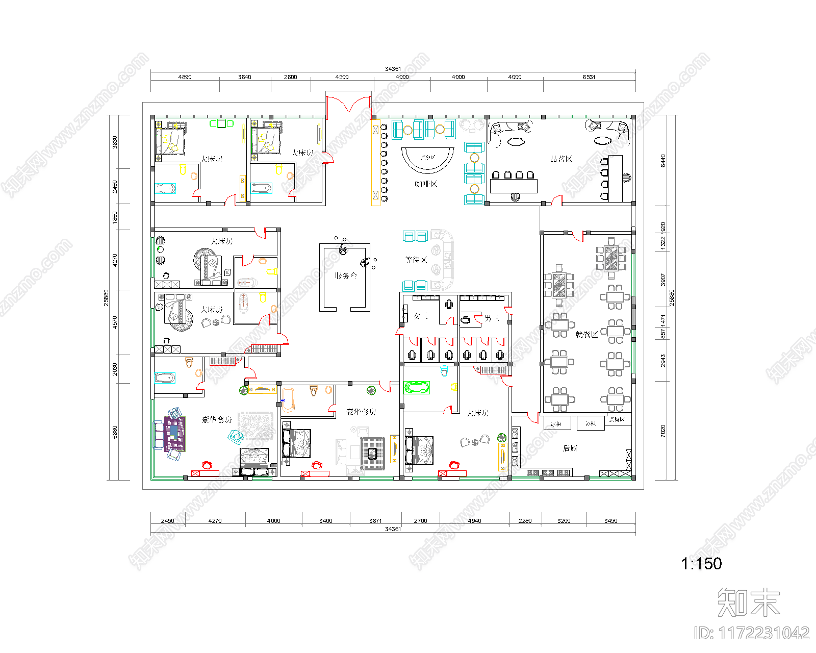 奶油简约民宿建筑施工图下载【ID:1172231042】