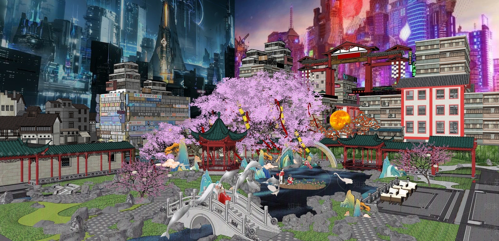 现代新中式风格建筑SU模型下载【ID:1172337301】