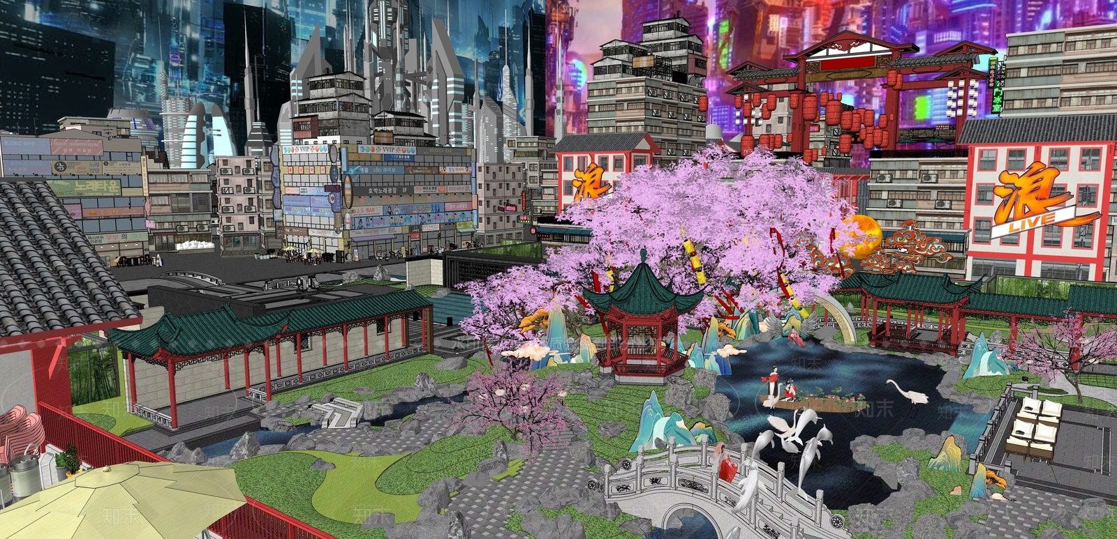 现代新中式商业景观SU模型下载【ID:1172340248】