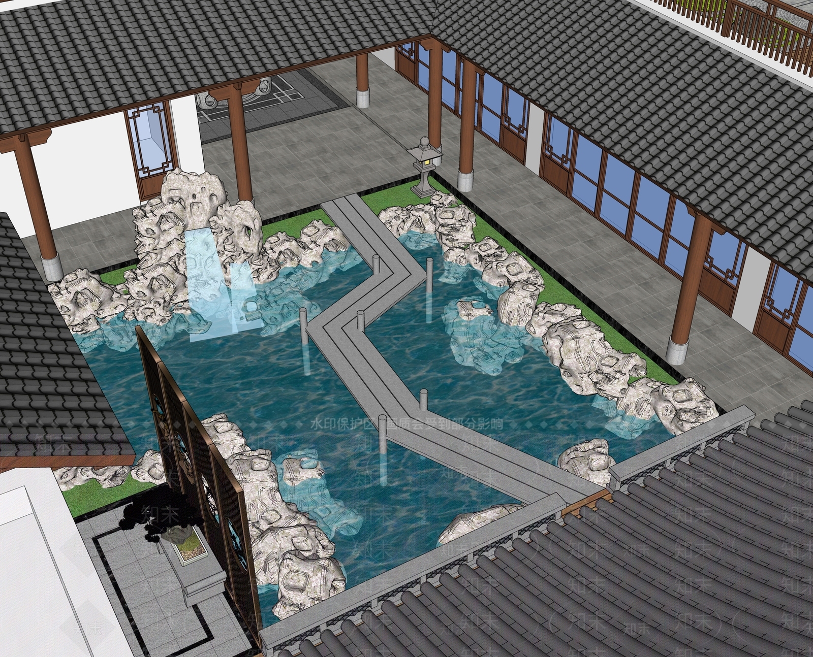现代新中式水景SU模型下载【ID:1172351110】