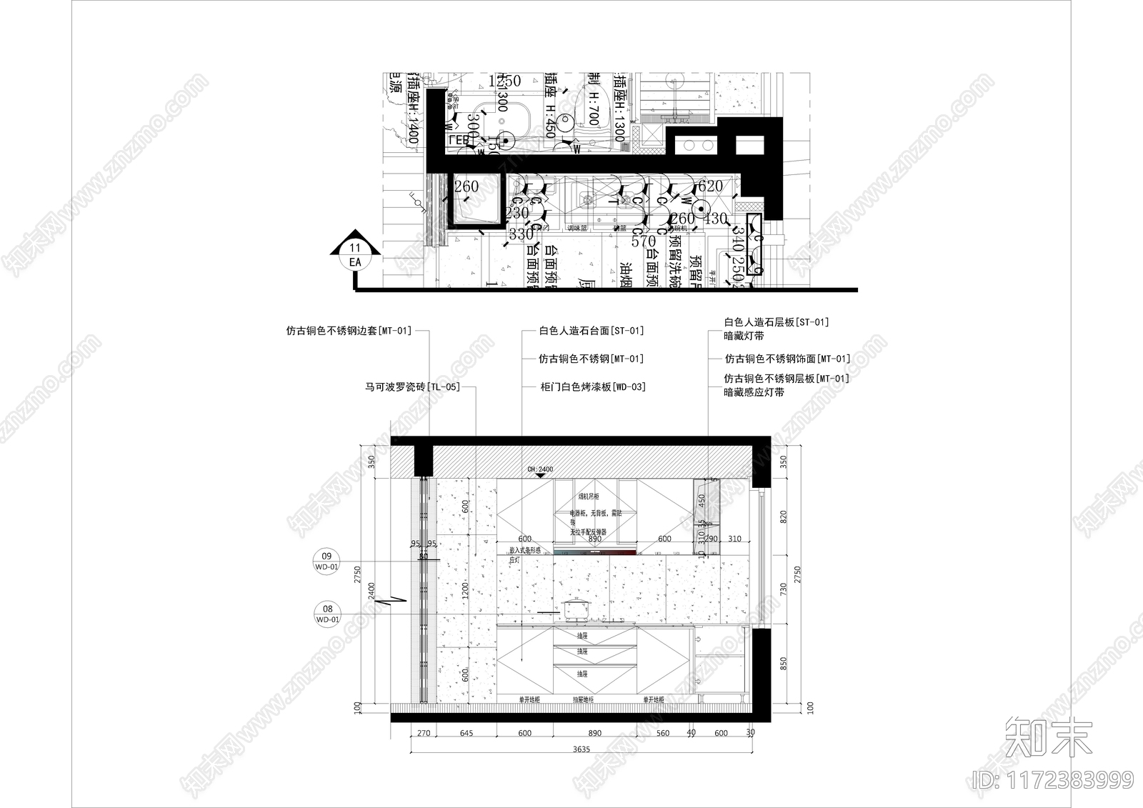 现代厨房cad施工图下载【ID:1172383999】