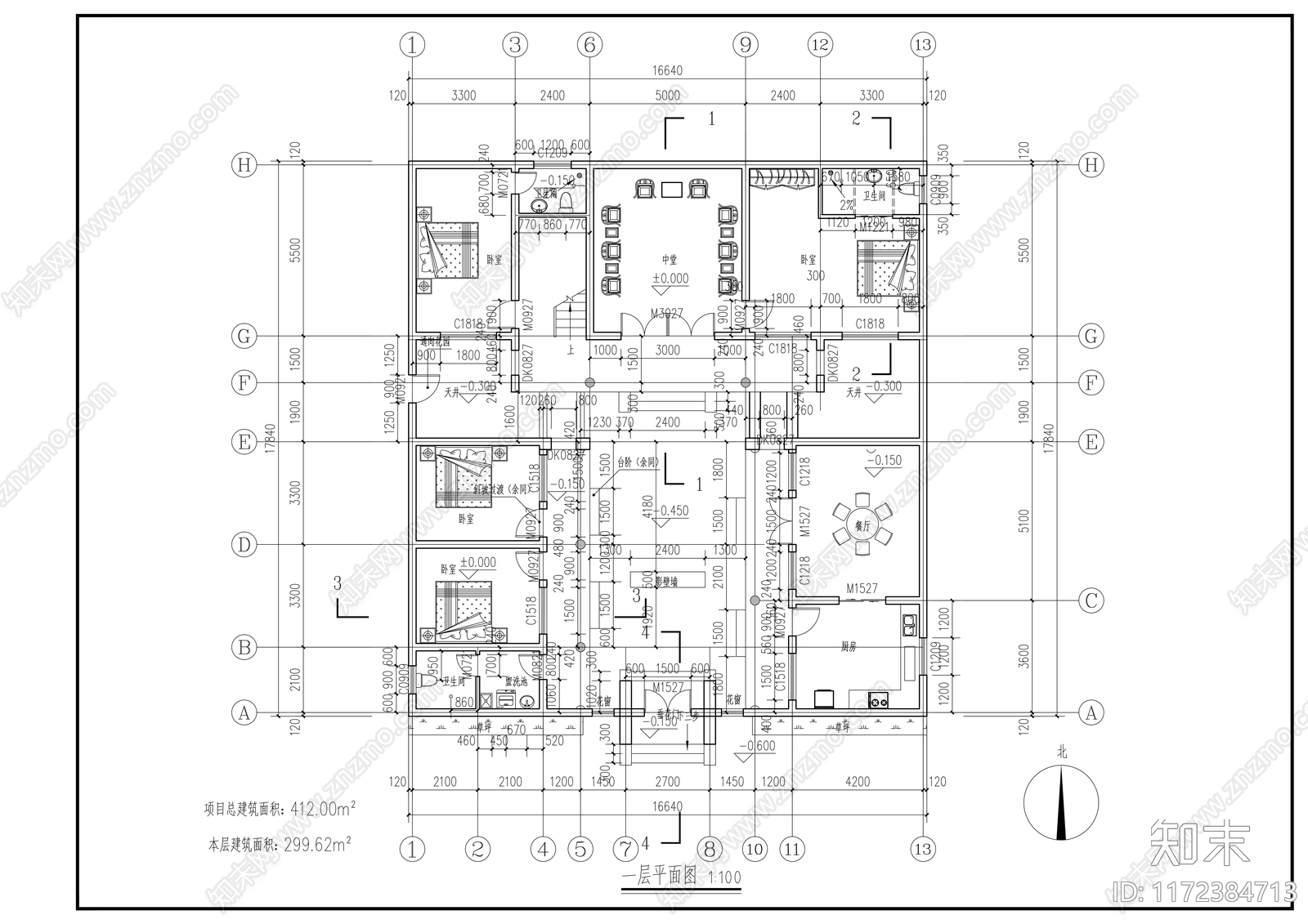 中式别墅建筑施工图下载【ID:1172384713】