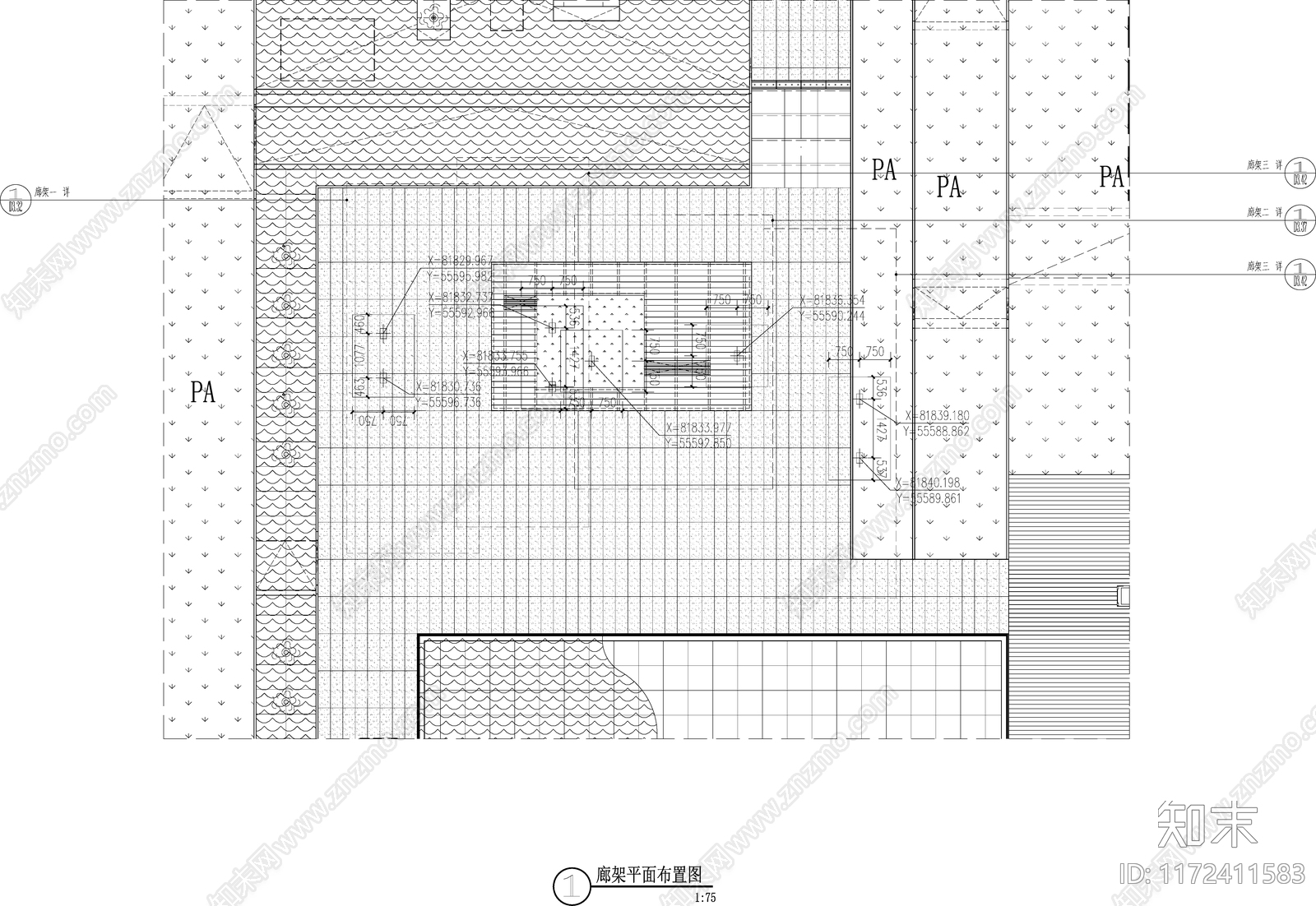 现代廊架cad施工图下载【ID:1172411583】