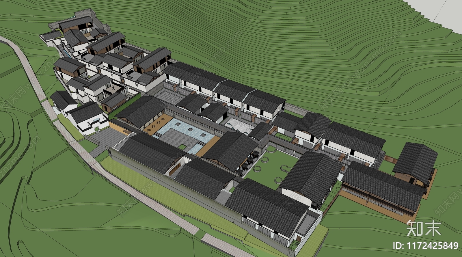 中式民宿建筑SU模型下载【ID:1172425849】