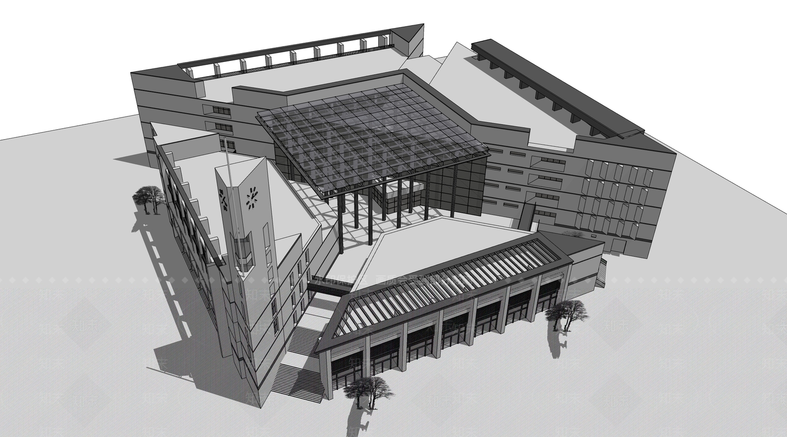 现代图书馆建筑SU模型下载【ID:1172451156】