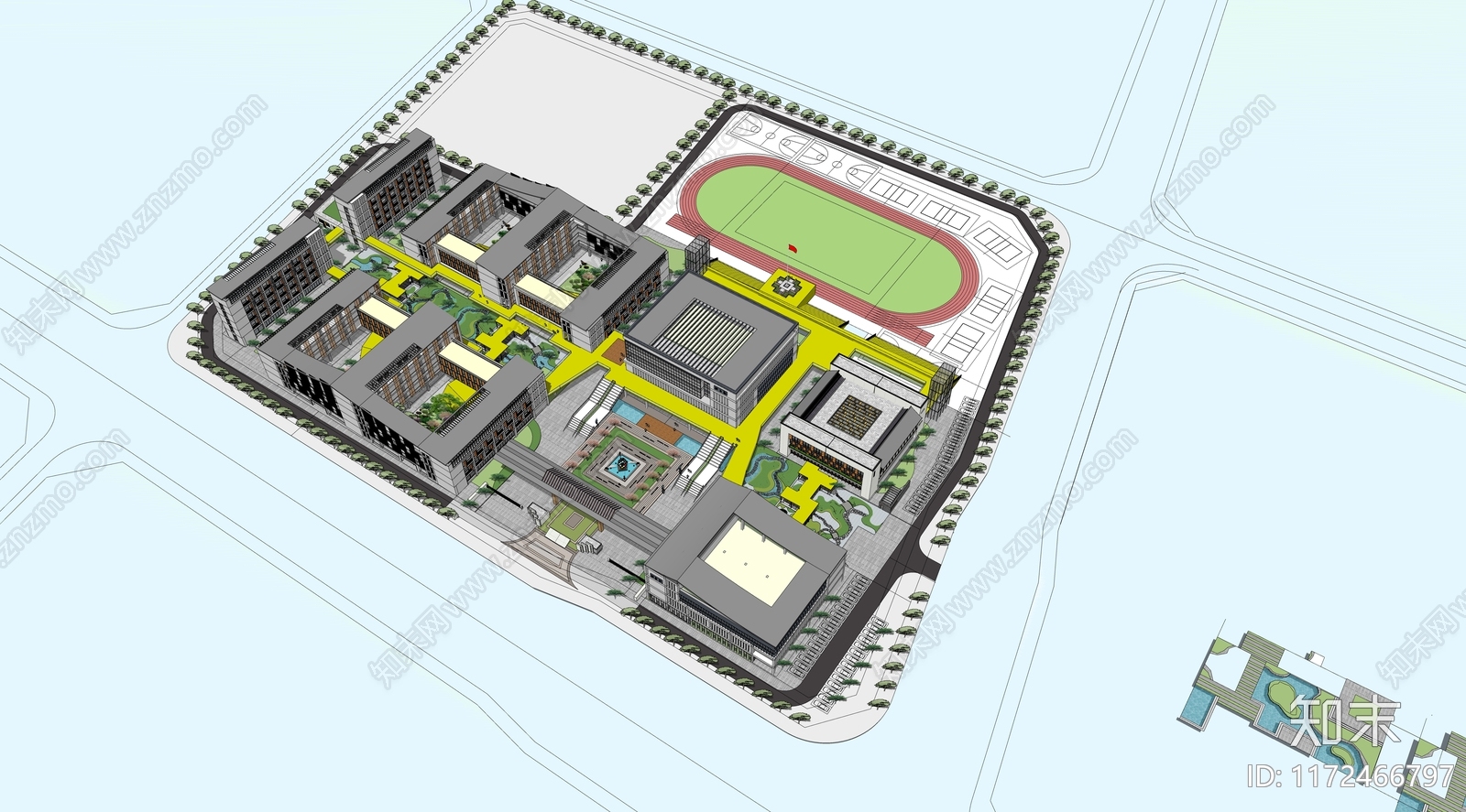 新中式学校建筑SU模型下载【ID:1172466797】