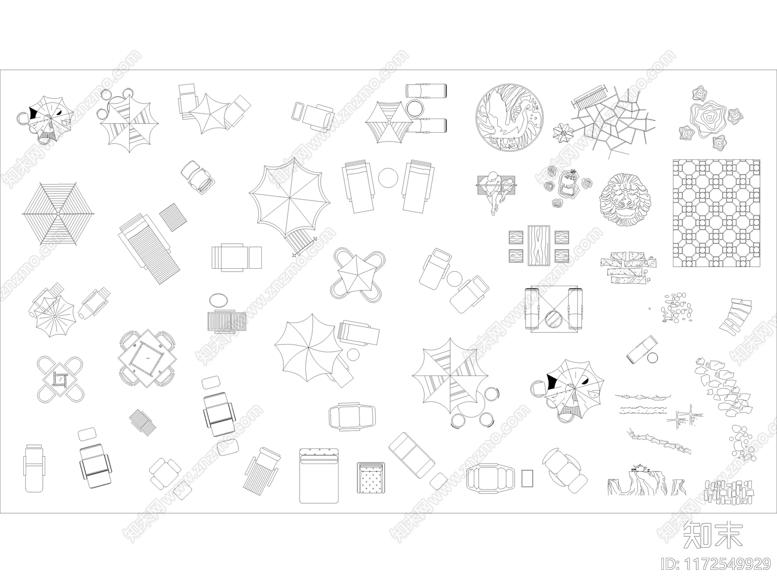 2024年最新户外休闲遮阳伞桌椅躺椅座椅CAD施工图下载【ID:1172549929】