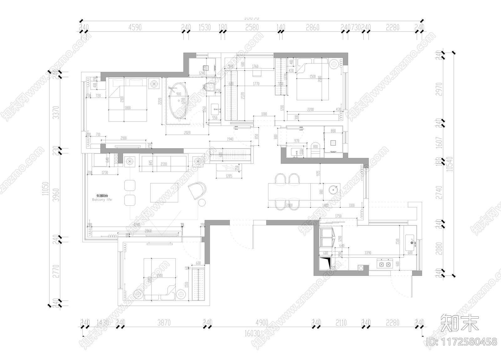 现代简约整体家装空间施工图下载【ID:1172580458】