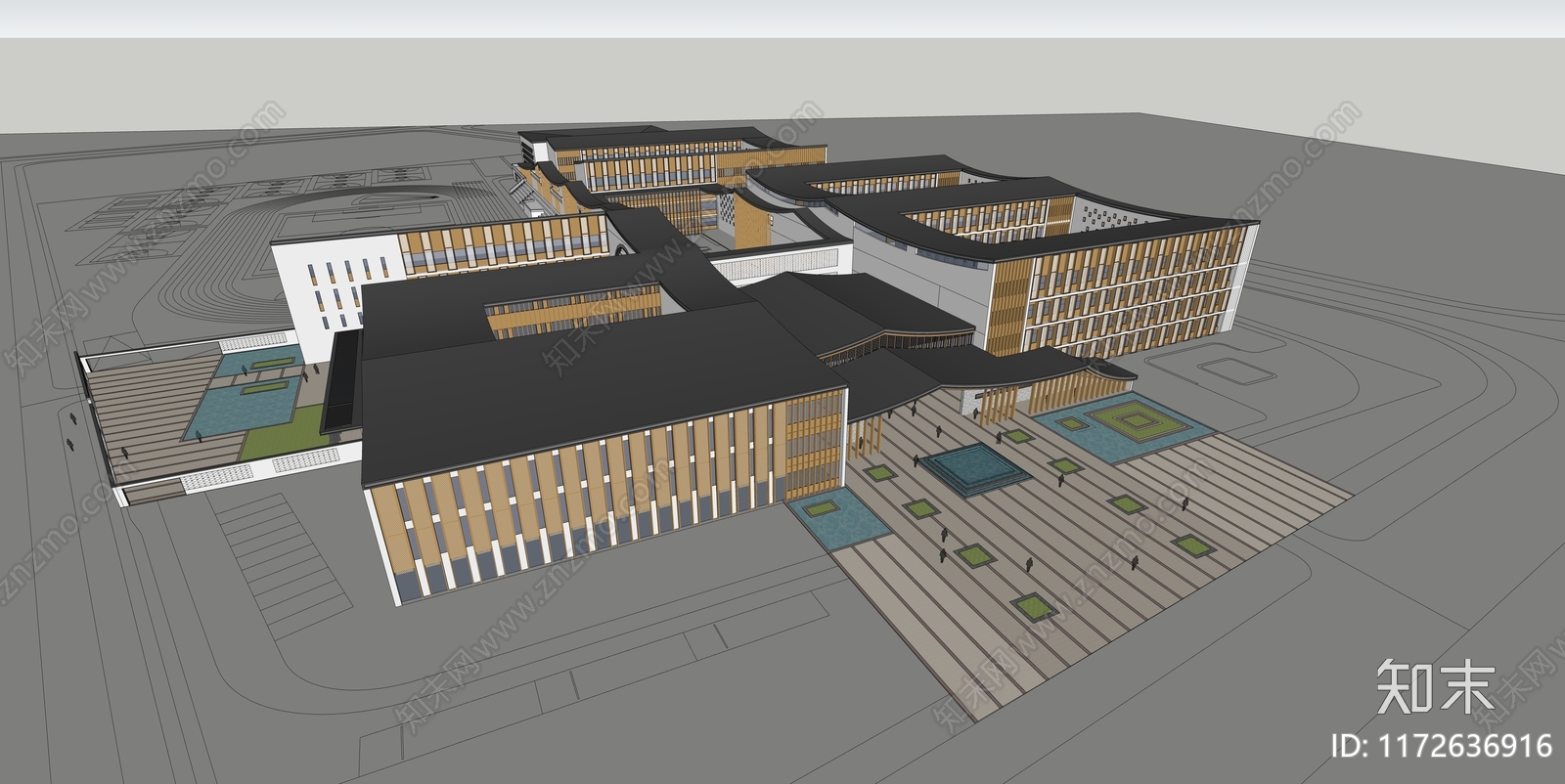 新中式学校建筑SU模型下载【ID:1172636916】