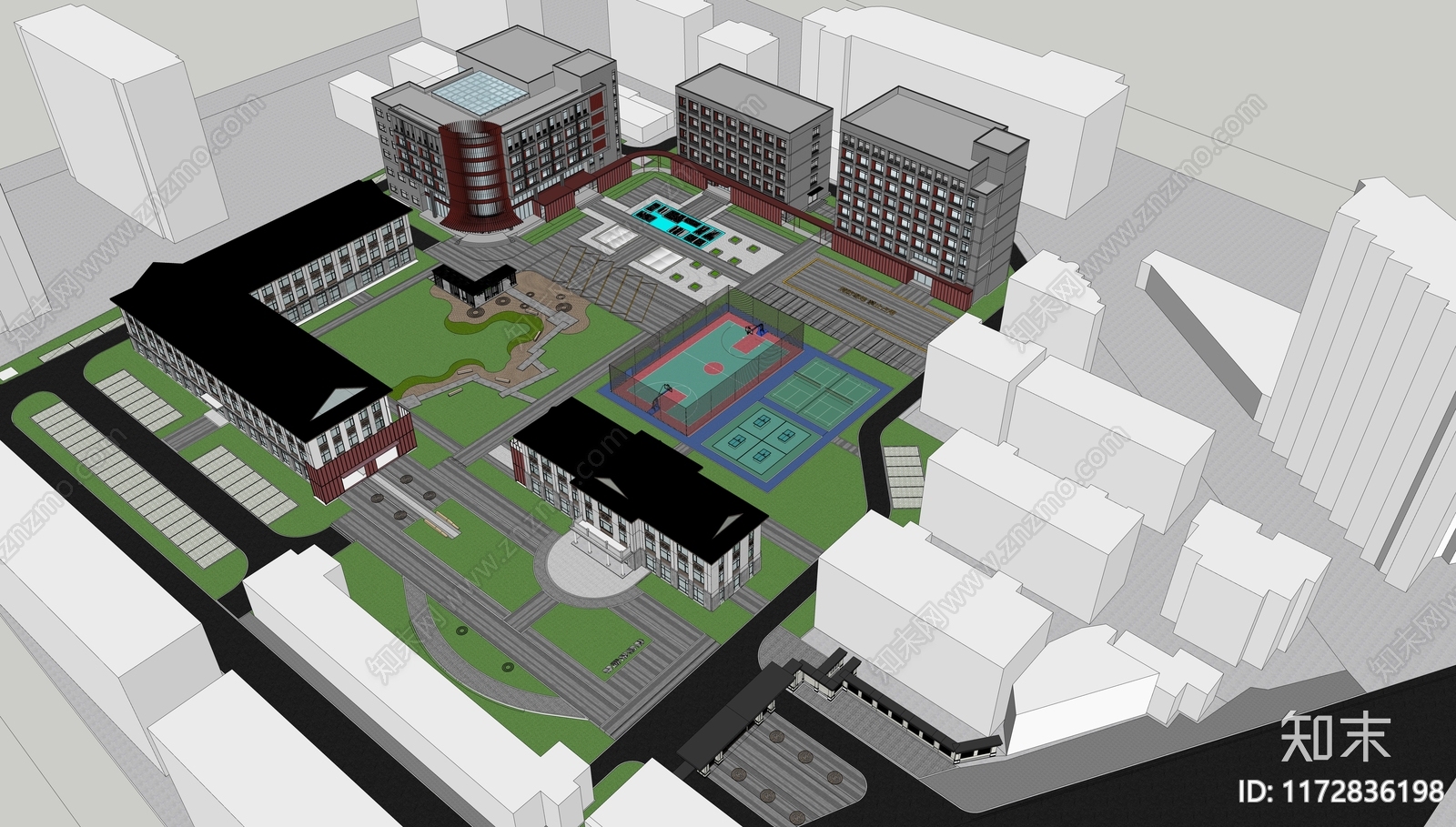 新中式学校建筑SU模型下载【ID:1172836198】