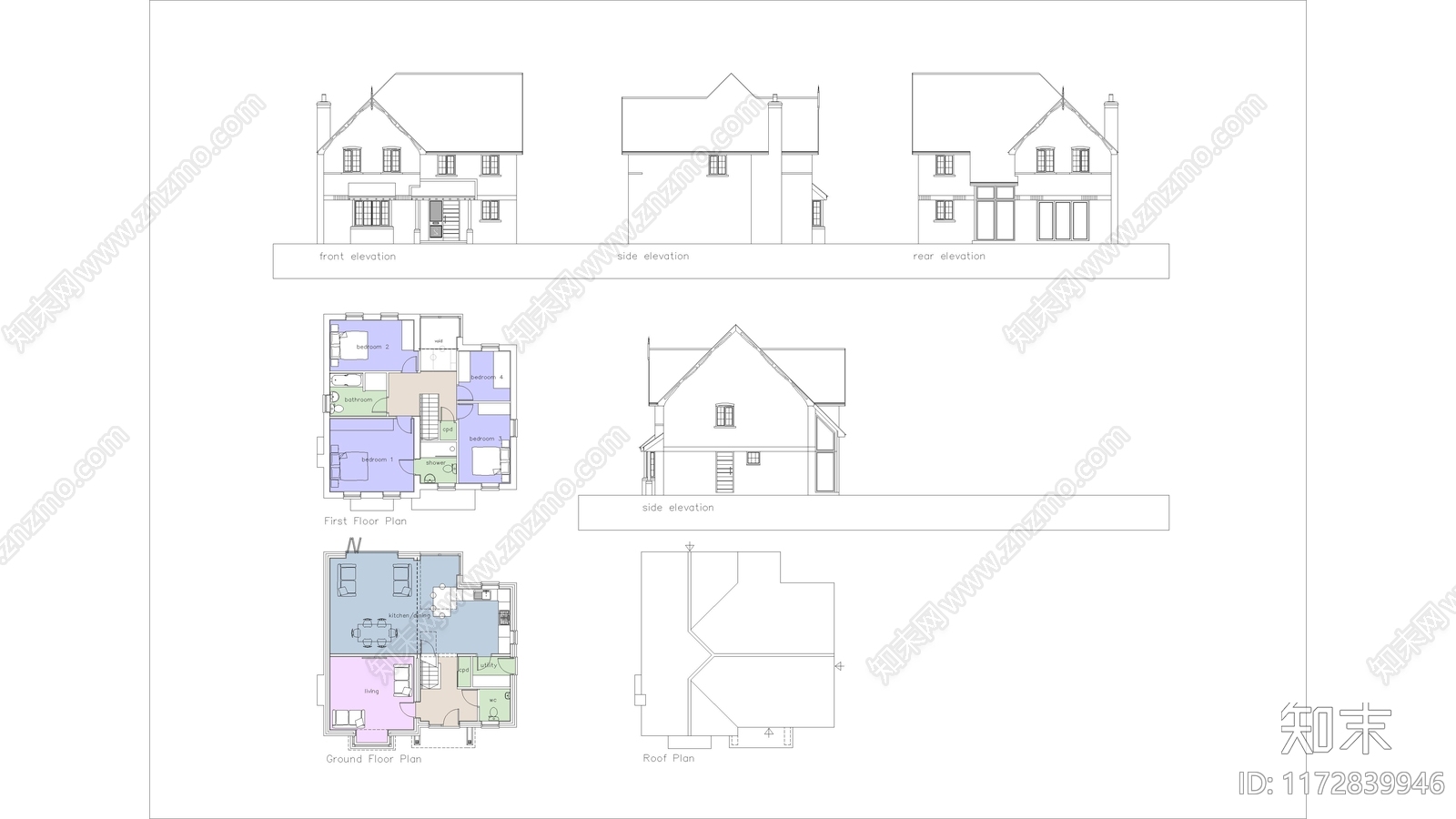 美式住宅楼建筑cad施工图下载【ID:1172839946】