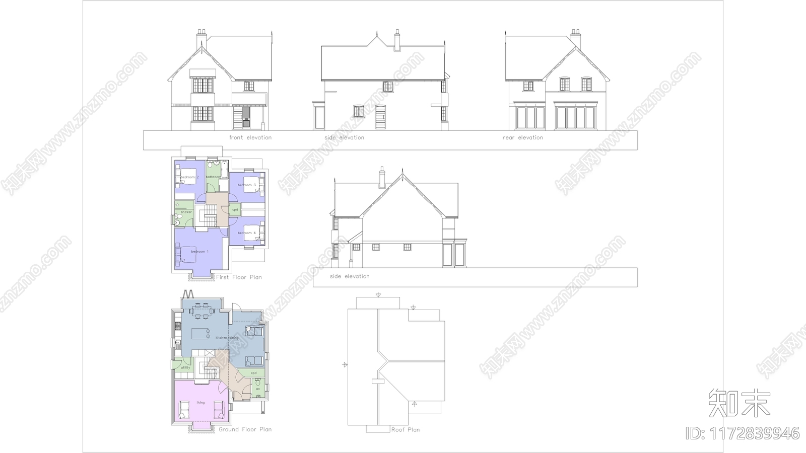 美式住宅楼建筑cad施工图下载【ID:1172839946】