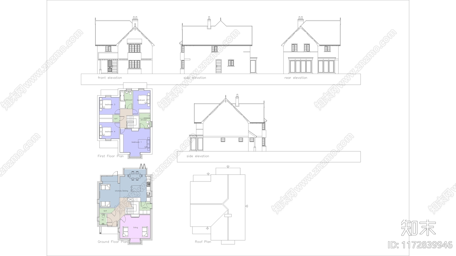 美式住宅楼建筑cad施工图下载【ID:1172839946】