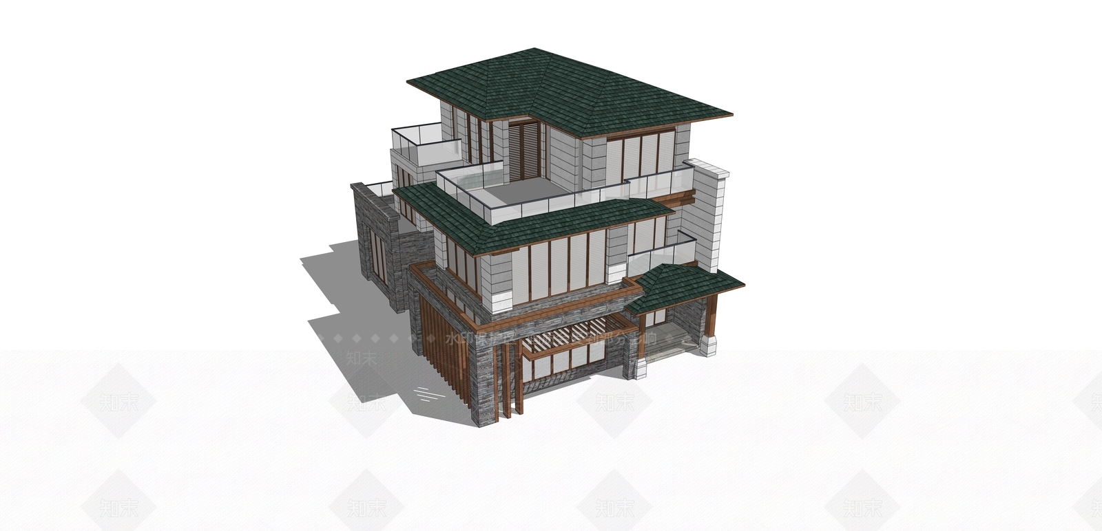 现代新中式别墅SU模型下载【ID:1172929554】
