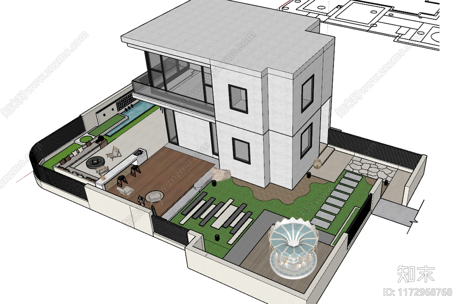现代奶油别墅庭院SU模型下载【ID:1172968768】