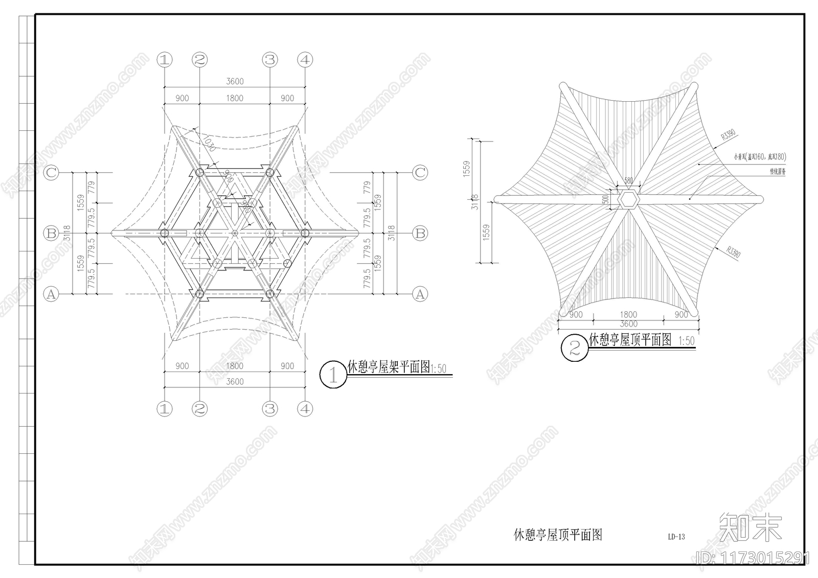 中式复古亭子施工图下载【ID:1173015291】