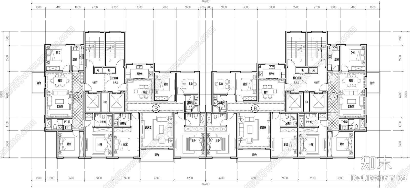 现代住宅楼建筑施工图下载【ID:1173075164】