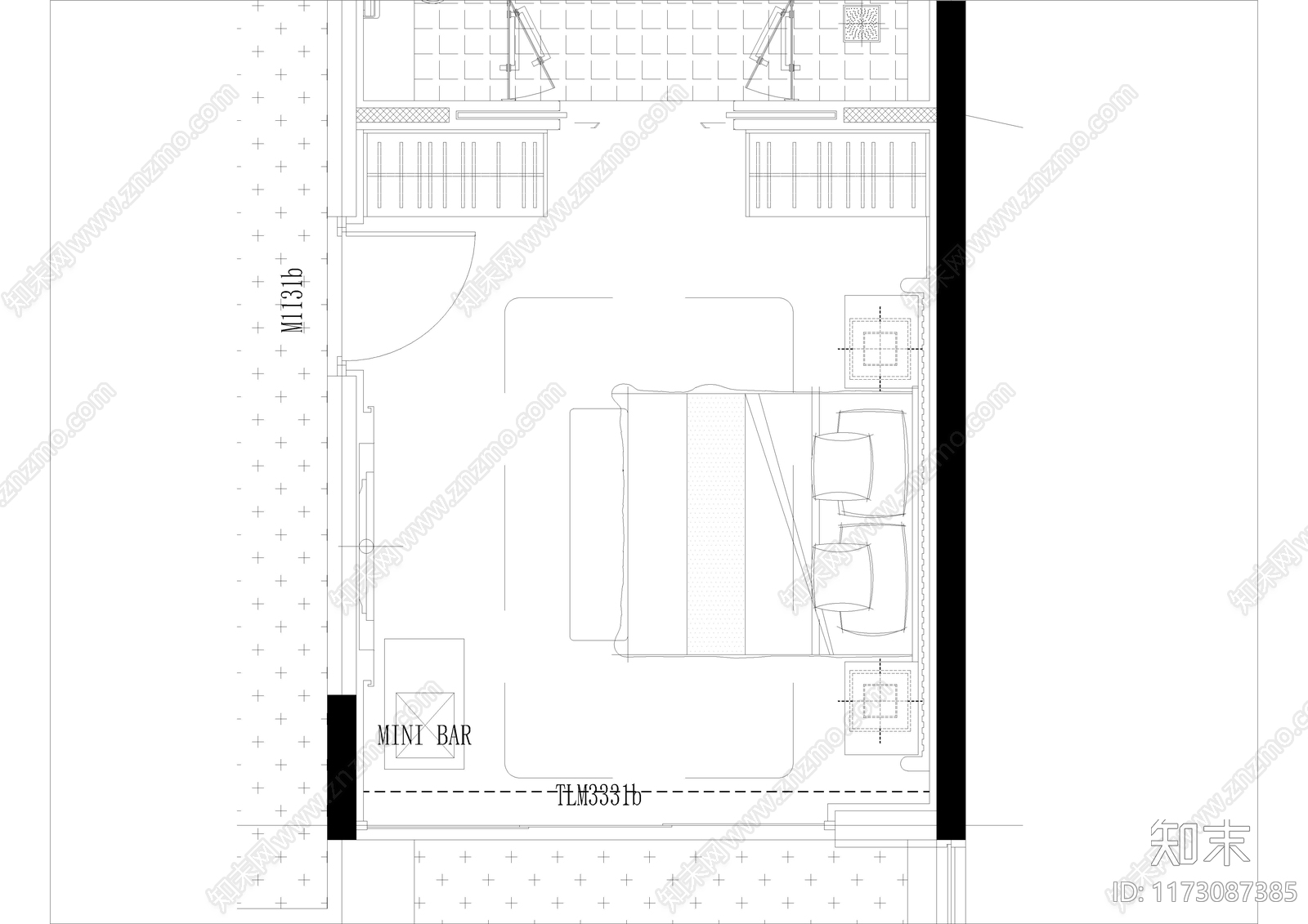 现代卧室cad施工图下载【ID:1173087385】