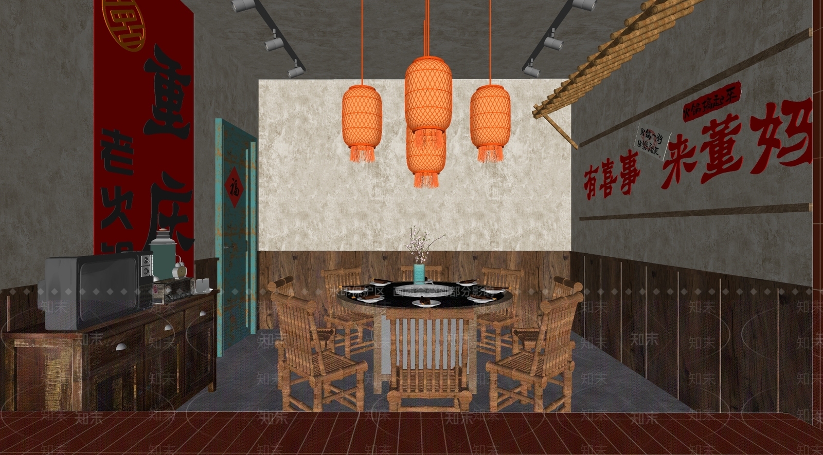 现代复古火锅店SU模型下载【ID:1173101195】