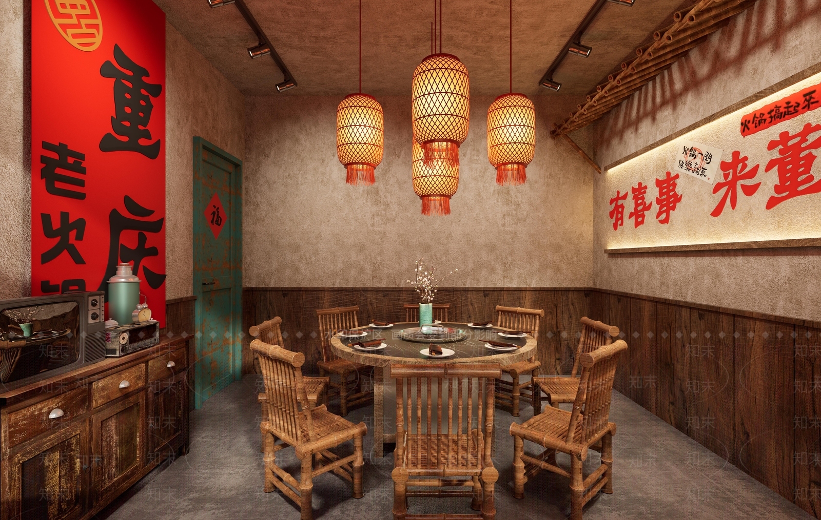 现代复古火锅店SU模型下载【ID:1173101195】