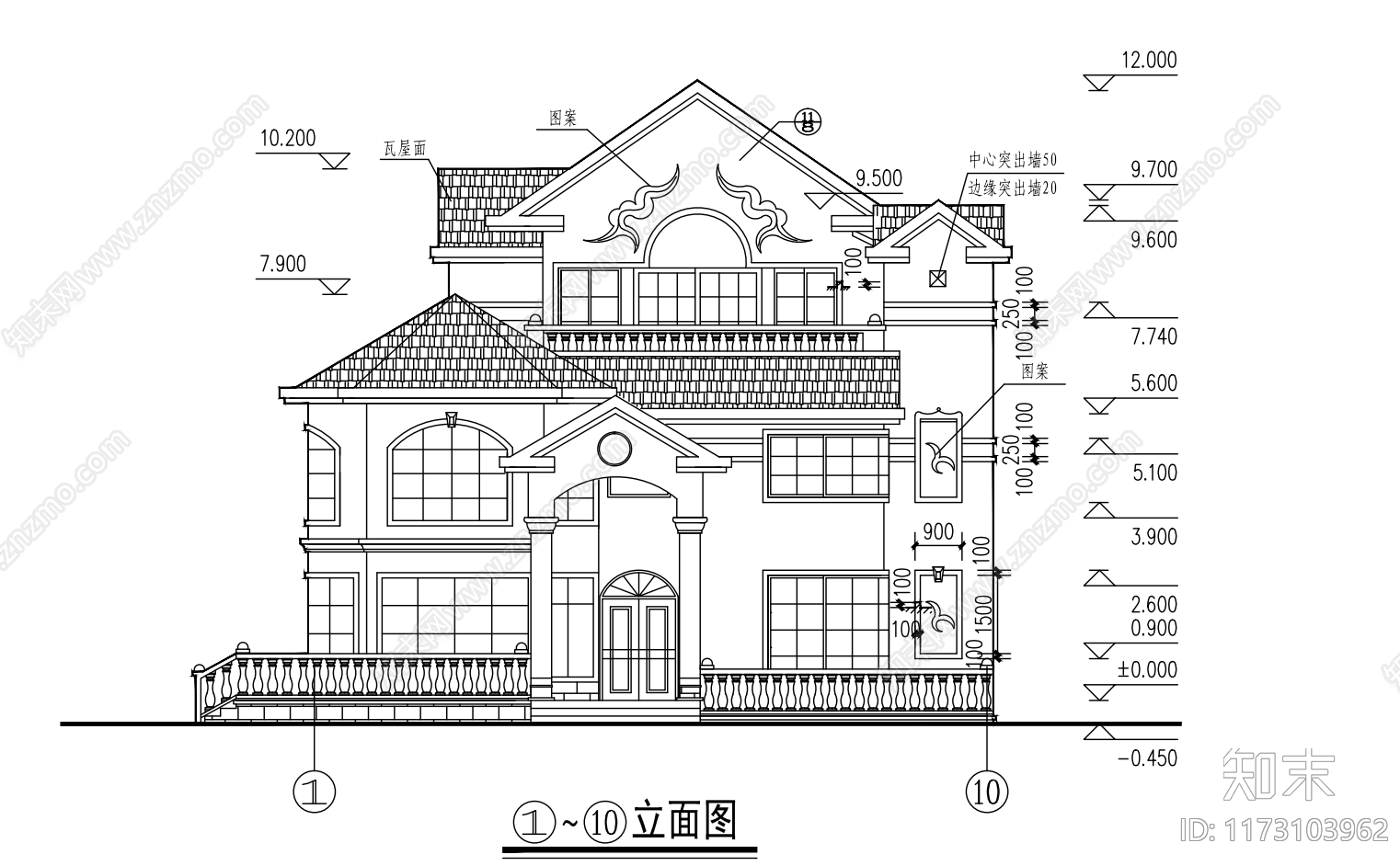 欧式别墅建筑cad施工图下载【ID:1173103962】