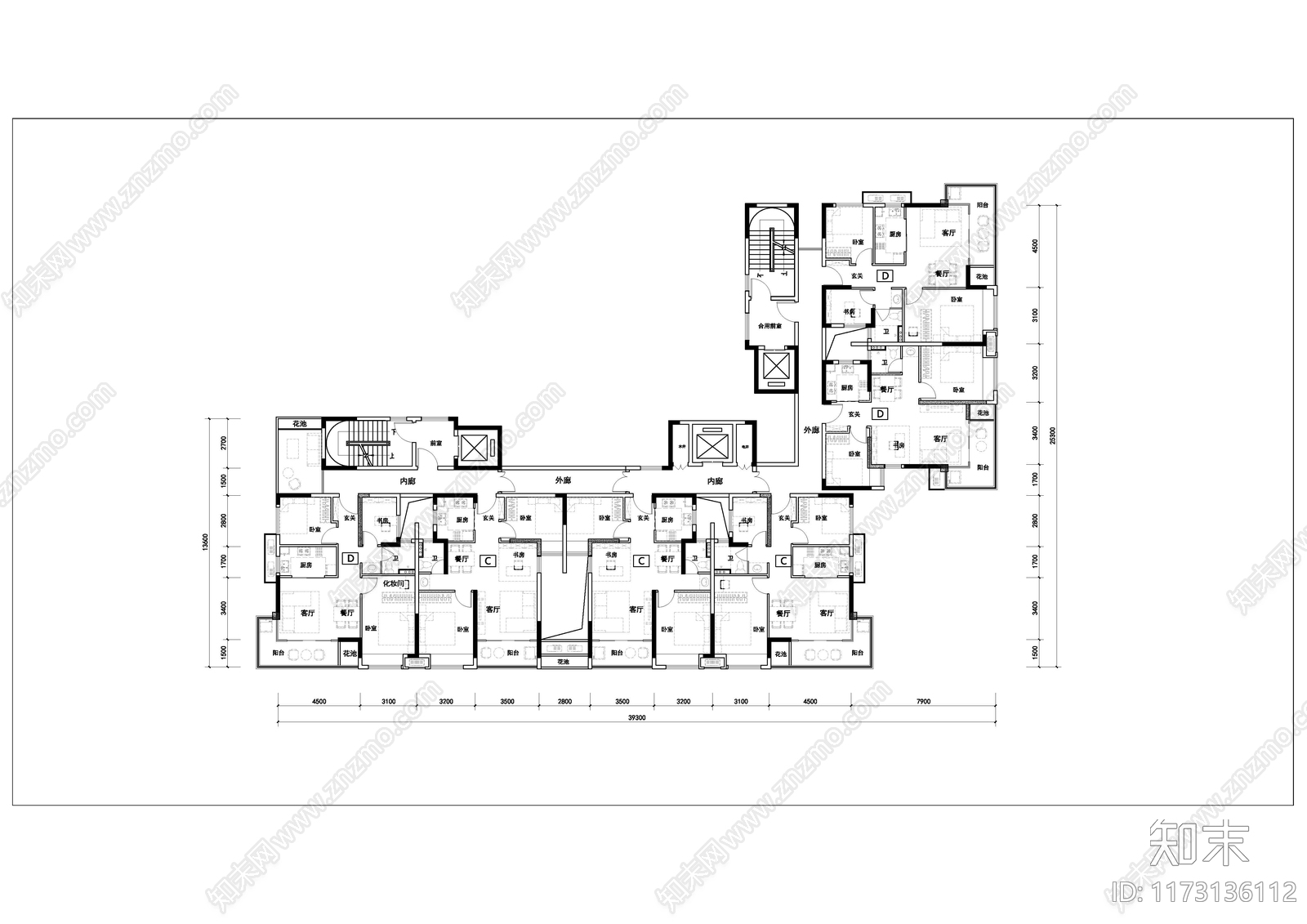 现代住宅楼建筑施工图下载【ID:1173136112】