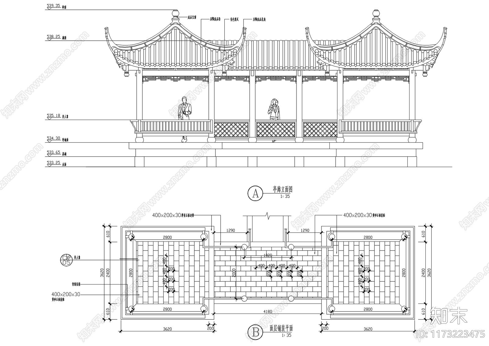 新中式中式廊架cad施工图下载【ID:1173223475】