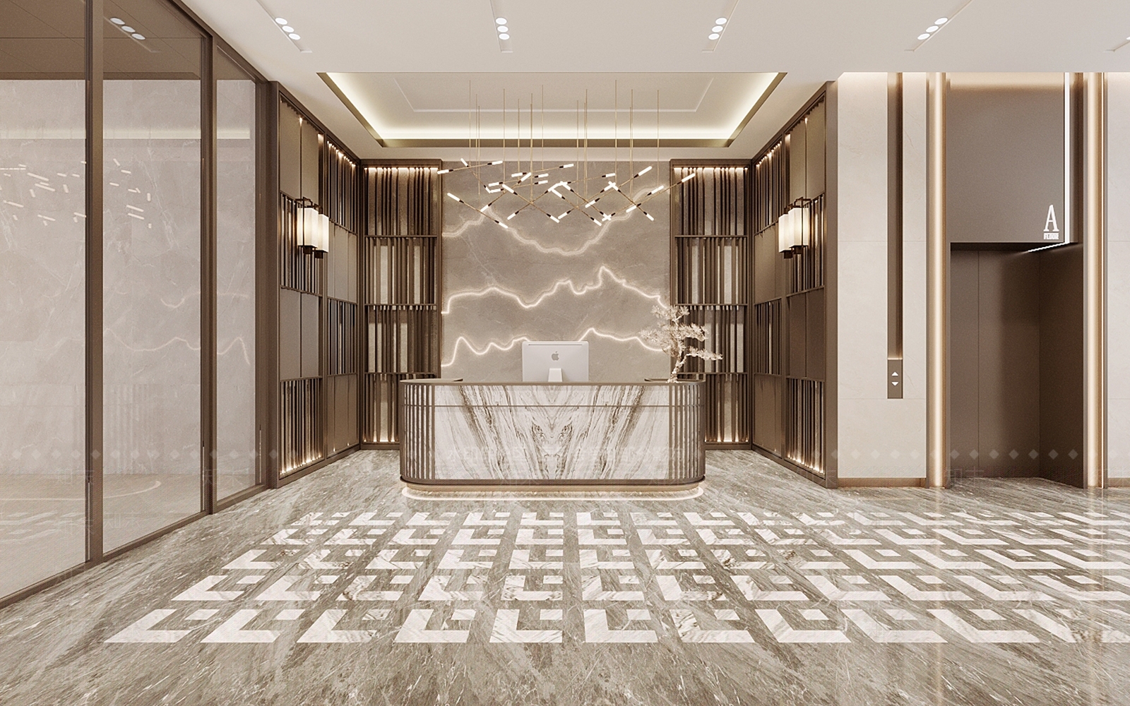 新中式现代酒店大堂SU模型下载【ID:1173450977】