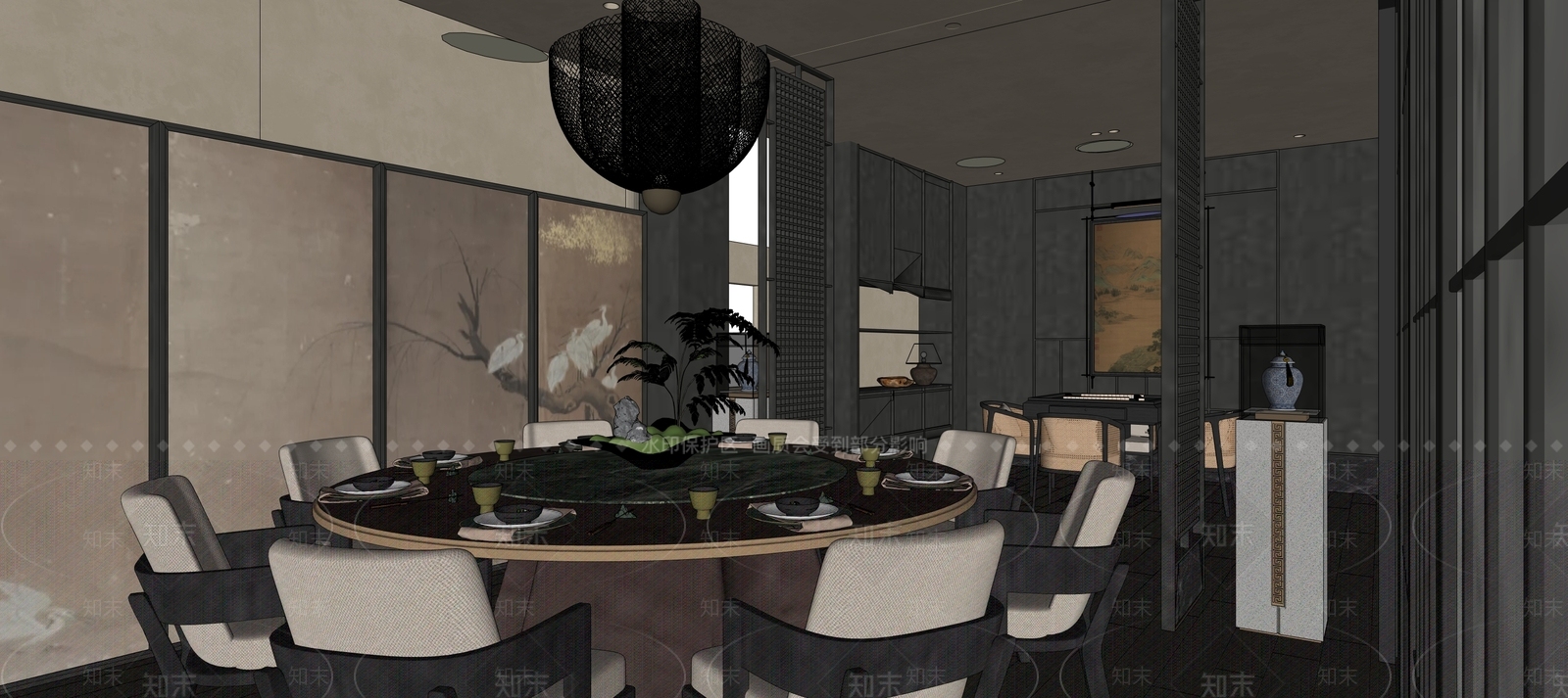 新中式包厢SU模型下载【ID:1173355005】