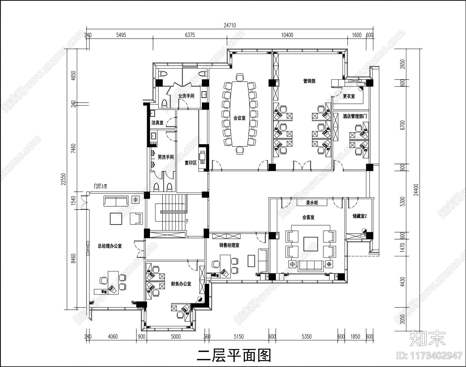 美式整体办公空间施工图下载【ID:1173402947】