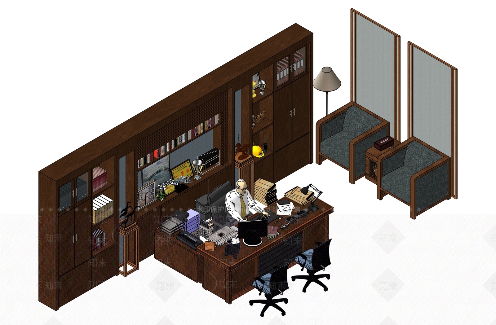 现代中式办公桌SU模型下载【ID:1173433162】